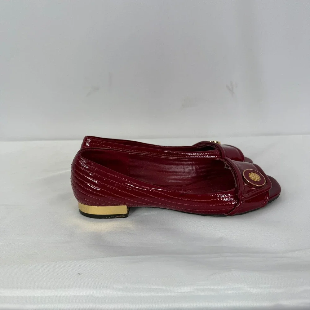 Tory Burch Red Patent Leather Quilted Open Toe Logo Medallion Flats Shoes